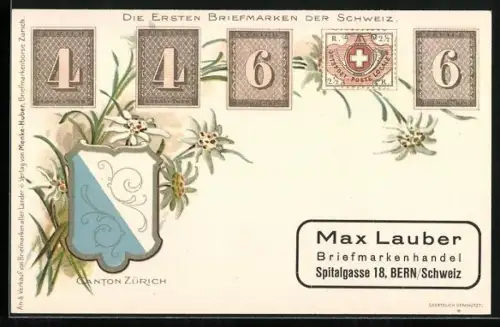 AK Erste Briefmarken aus der Schweiz, Wappen von Zürich