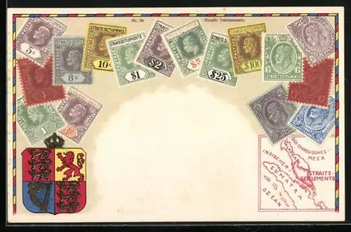AK Briefmarken aus Straits-Settlements mit Wappen und Landkarte