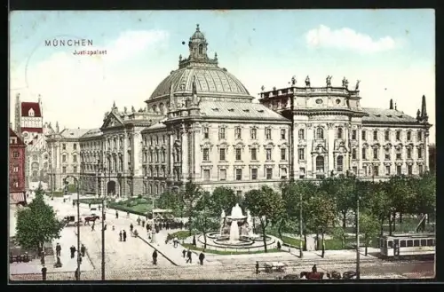 AK München, Justizpalast am Karlsplatz, Strassenbahn