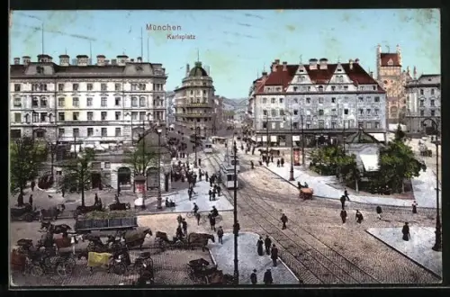 AK München, Strassenbahn am Karlsplatz