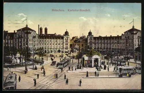 AK München, Karlstor-Rondell, Strassenbahnen, Passanten