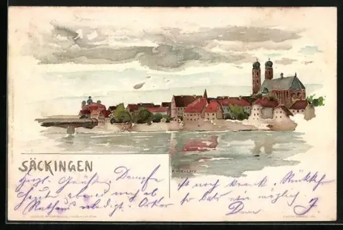 Lithographie Bad Säckingen, Blick über Wasser auf den Ort