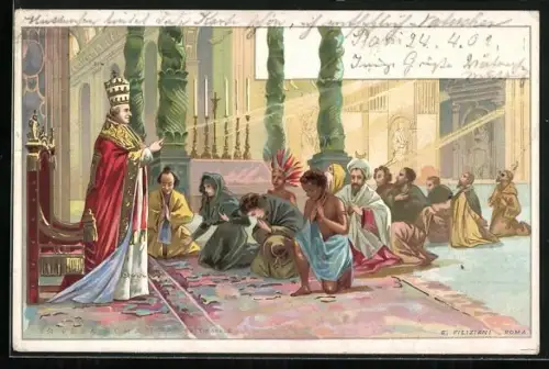 Lithographie Papst Leo XIII. segnet die Gläubigen