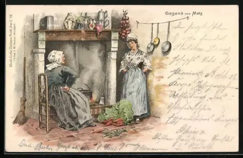 Lithographie Gegend von Metz, Frauen in elsass-lothringische Tracht