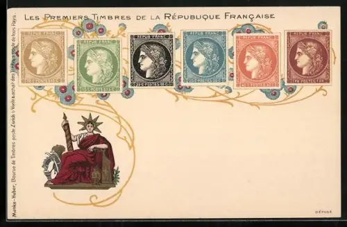 AK Les Premiers Timbre de la Républice Francaise, Die ersten Briefmarken von Frankreich