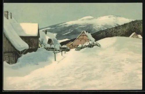 Künstler-AK sign. Friedrich Iwan: Grenzbauden mit Schneekoppe