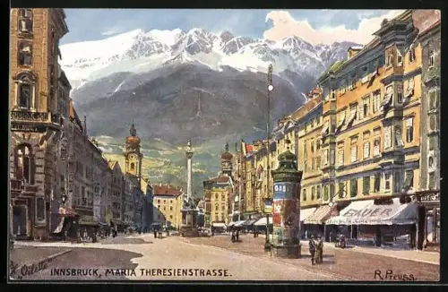 Künstler-AK Rudolf Preuss: Innsbruck, Maria-Theresien-Strasse mit Litfasssäule