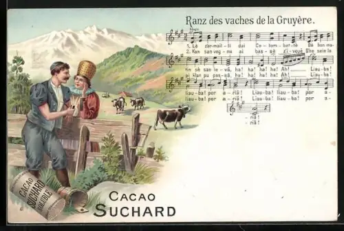 Lithographie Cacao Suchard, Bauer und Bäuerin im Gespräch, Cacao Suchard Soluble, Lied