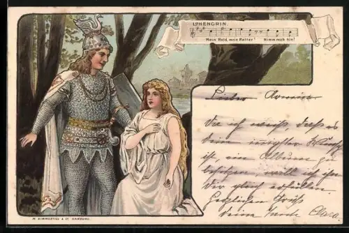 Künstler-Lithographie H. Fründt: Lohengrin, Jugendstil, Richard Wagner