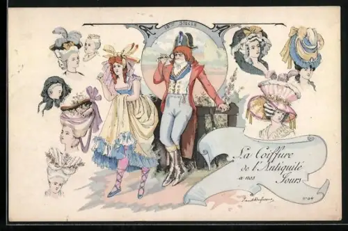 Künstler-AK sign. Paul Dufresne: Mode und Frisuren des 18. Jahrhunderts, Jugendstil