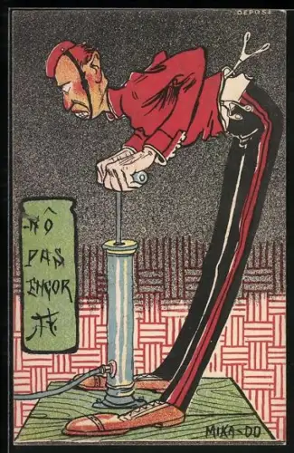 Künstler-AK Englischem Soldaten an einer Luftpumpe reisst der Hosenträger, Russisch-Japanischer Krieg