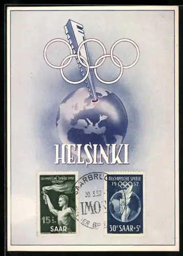 AK Helsinki, Olympia 1952, Olympische Ringe über einer Weltkugel