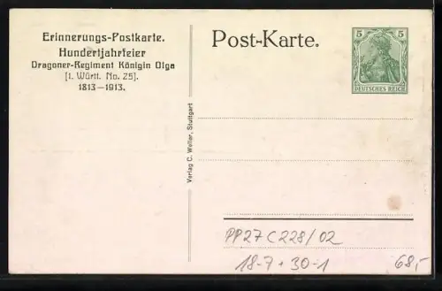 Lithographie Dragoner-Regiment Königin Olga No. 25, Ganzsache PP27 C228 /02