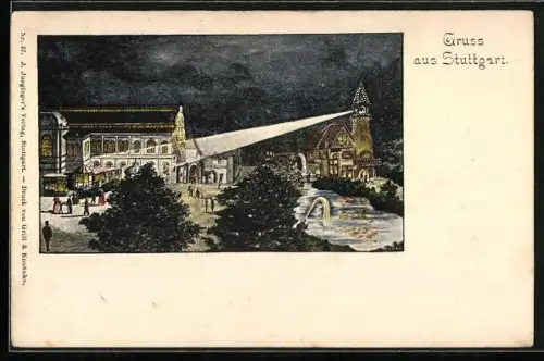 Lithographie Stuttgart, Ortsansicht mit Turm und Scheinwerfer, Ganzsache Württemberg PP9 F11