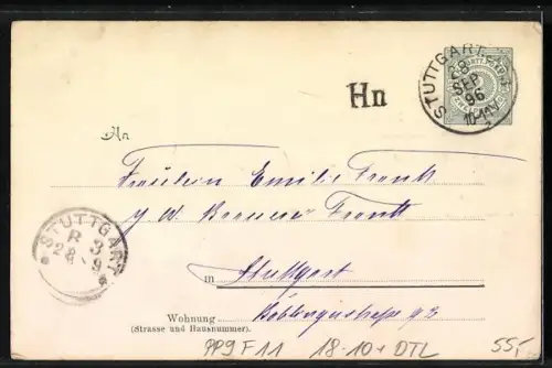 Lithographie Stuttgart, Ortsansicht mit Turm und Scheinwerfer, Ganzsache Württemberg PP9 F11