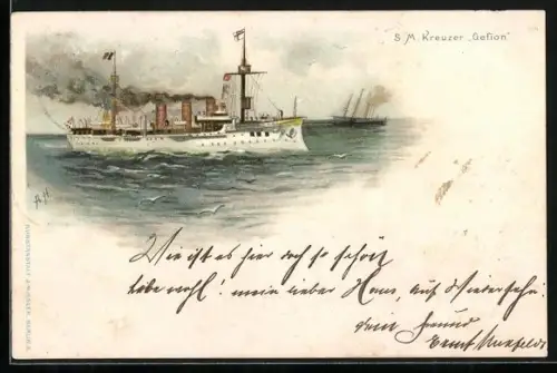 Künstler-AK A. Heide: SM Kreuzer Gefion, Ostasiengeschwader
