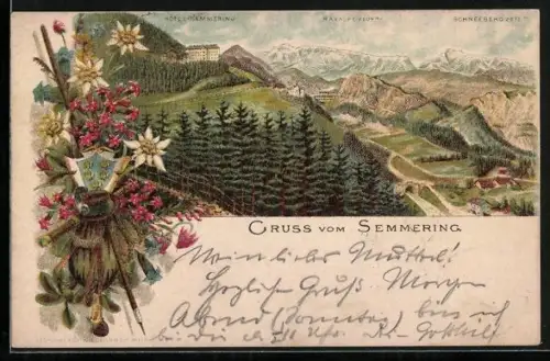 Vorläufer-Lithographie Semmering, 1894, Hotel Semmering, Raxalpe, Schneeberg