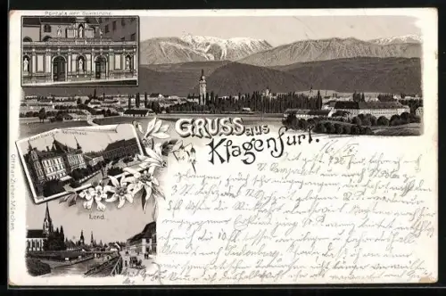 Vorläufer-Lithographie Klagenfurt, 1894, Neuer Platz und Rainerhaus, Lend, Portal zur Domkirche, Ortsansicht