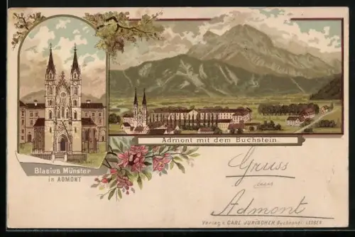 Vorläufer-Lithographie Admont, 1893, Blasius-Münster, Ortsansicht mit dem Buchstein
