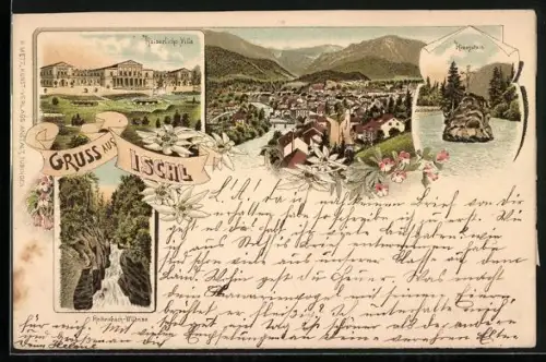 Vorläufer-Lithographie Ischl, 1895, Kaiserliche Villa, Rettenbach-Wildniss, Kreuzstein, Ortsansicht