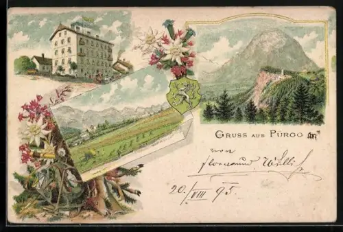 Vorläufer-Lithographie Pürgg, 1895, Bahnhof-Hotel, Ortsansicht aus der Vogelschau