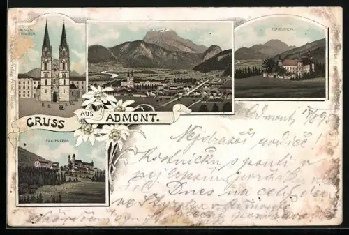 Vorläufer-Lithographie Admont, 1895, Blasius-Münster, Röthelstein, Frauenberg, Ortsansicht