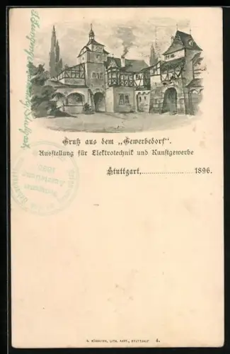 Lithographie Stuttgart, Ausstellung für Elektrotechnik und Kunstgewerbe 1896, Gewerbedorf, Ganzsache Württemberg