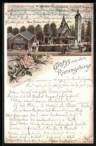 Vorläufer-Lithographie Brückenberg /Riesengebirge, Pfarrei Wang, 1895, Ortsansicht mit Springbrunnen