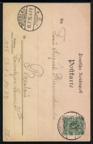 Vorläufer-Lithographie Brückenberg /Riesengebirge, Pfarrei Wang, 1895, Ortsansicht mit Springbrunnen