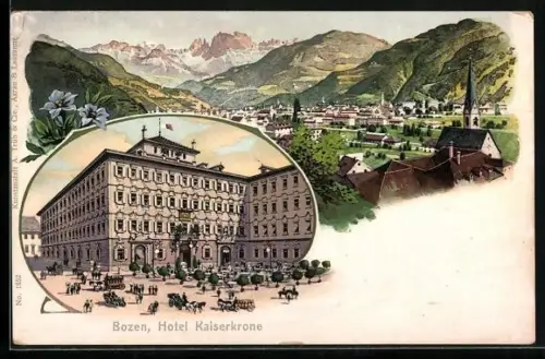 Künstler-AK Bozen, Hotel Kaiserkrone mit verkehrsreicher Strasse, Gesamtansicht