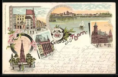 Lithographie Thorn / Torun, Markt mit Kopernikusdenkmal, Kaiserliches Postamt und St. Marien Kirche