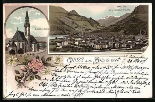 Lithographie Bozen, Pfarrkirche, Ortsansicht vom Calvarienberg