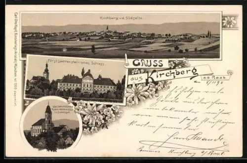 Lithographie Kirchberg a. d. Raab, Fürst Liechtensteinsches Schloss, Wallfahrtskirche Klein-Mariazell, Ortsansicht