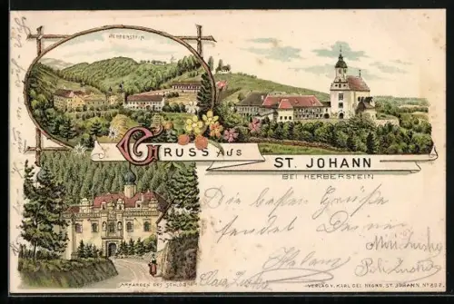 Lithographie St. Johann bei Herberstein, Ortsansicht mit Herberstein und den Arkaden des Schlosses