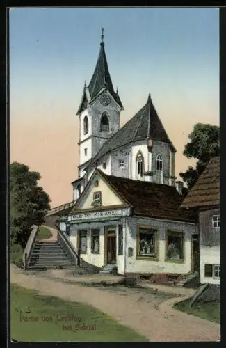 Künstler-AK Lassing b. Selztal, Geschäft v. Valentin Morianz, Kirche