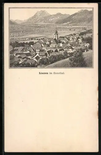 Lithographie Liezen im Ennsthal, Ortsansicht aus der Vogelschau