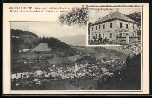 AK Oberzeiring /Steiermark, Johann Jelineks Gasthof, Ortsansicht aus der Vogelschau
