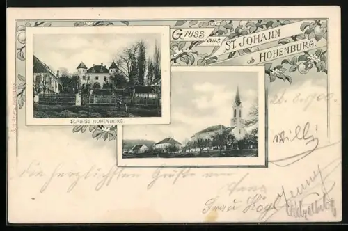 AK St. Johann ob Hohenburg, Schloss Hohenburg, Blick zur Kirche