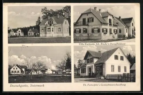 AK Deutschgoritz /Steiermark, Th. Fortmüllers Gemischtwarenhandlung, Villa Karlsruhe Joh. Binders Dampfbäckerei