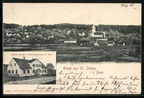AK St. Johann i. d. Haide, Johann Herjans Einkehrgasthaus zur Post, Ortsansicht aus der Vogelschau