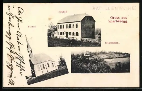 AK Pinggau /Stmk., Gruss aus Sparberegg, Schule, Kirche, Totalansicht