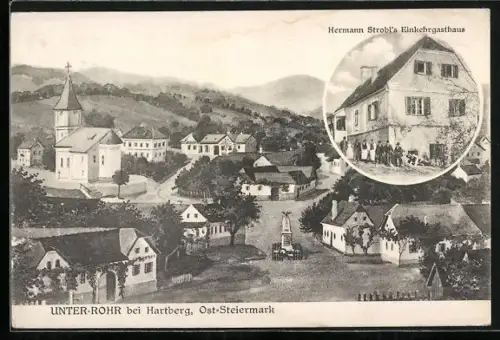 AK Rohr bei Hartberg, Hermann Strobl`s Einkehrgasthaus, Ortspartie mit Kirche und Denkmal