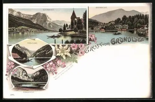 Lithographie Grundlsee, Panorama mit Bootspartie, Töplitzsee & Kammersee