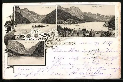 Lithographie Grundlsee, Restaurant, Toplitzsee und Kammersee im Edelweiss-Passepartout