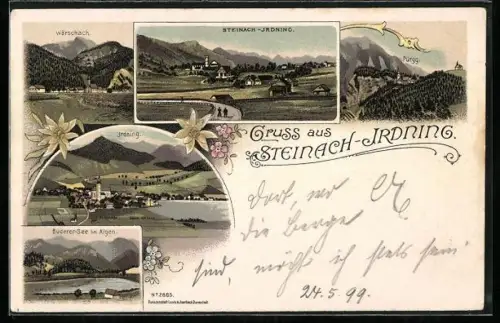 Lithographie Steinach-Irdning, Buderer-See, Pürgg, Ortsansicht aus der Vogelschau