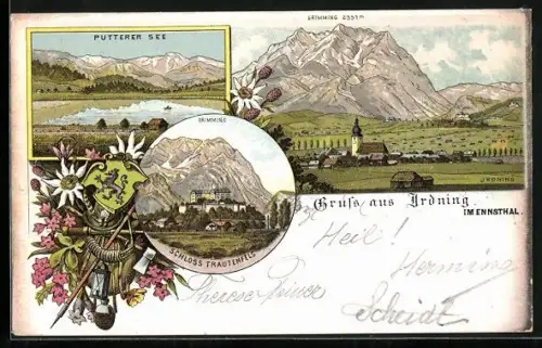 Lithographie Irdning, Totalansicht, Putterer See, Schloss Trautenfels