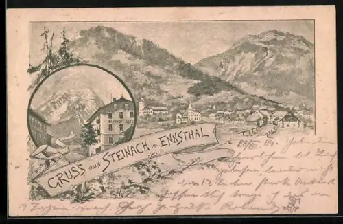 Lithographie Steinach im Ennsthal, Bahnhof-Hotel, Ortsansicht aus der Vogelschau