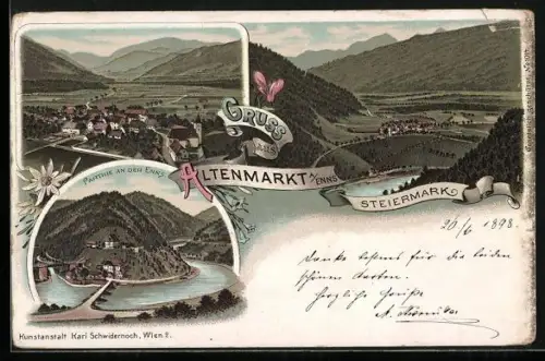 Lithographie Altenmarkt an der Enns, Ortsansichten, Partie an der Enns