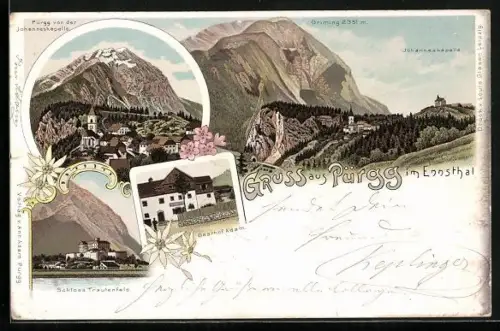 Lithographie Pürgg im Ennsthal, Blick auf den Ort mit Griming und Kapelle
