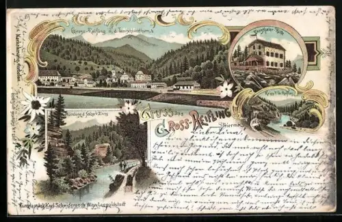 Lithographie Gross-Reifling /Steiermk., Ennsthaler-Hütte, Mündung d. Salza i. Enns, Ortsansicht